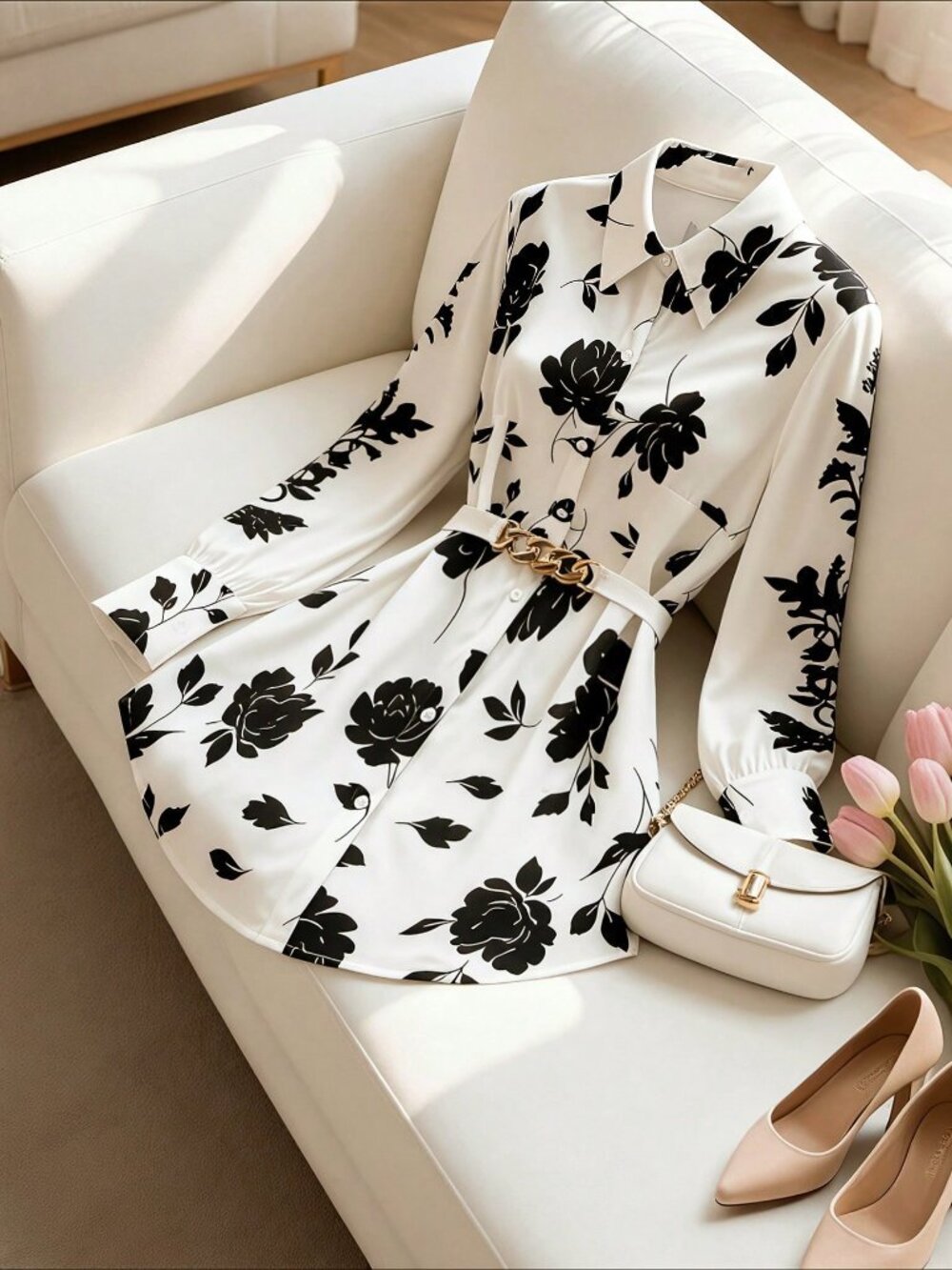 Black And White Relaxed Women's Plus Size Floral Tie Front Long Sleeve Shirt - Picture 3 of 5
